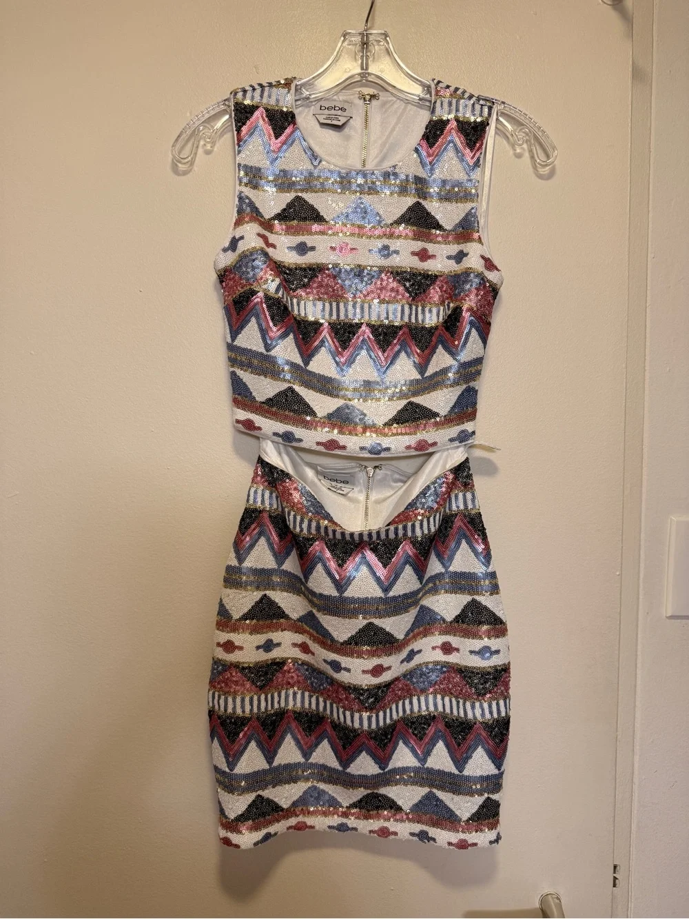 bebe Multicolor Geometric Crop Top & Mini Skirt Set - White, Blue, Red, Black